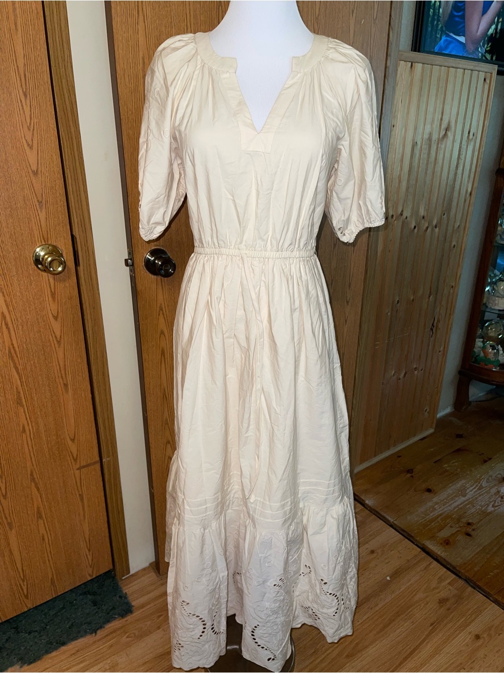 Moon River Cream Eyelet Maxi Dress with Puff Sleeves